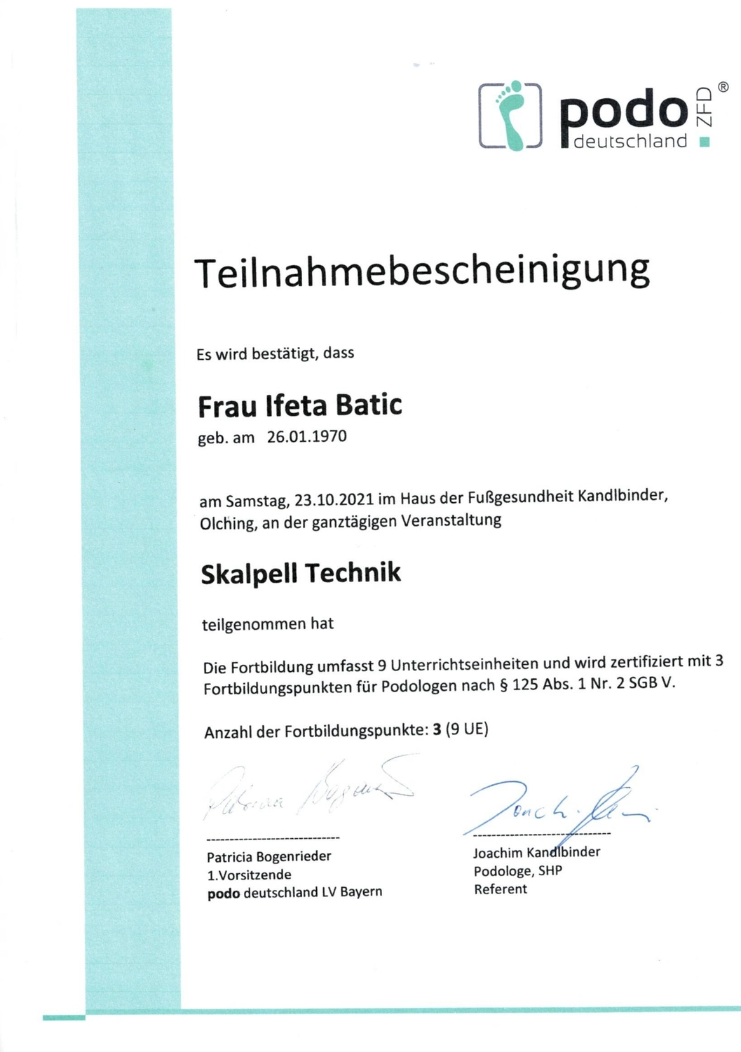 Podologische Praxis Batic - Zertifikat