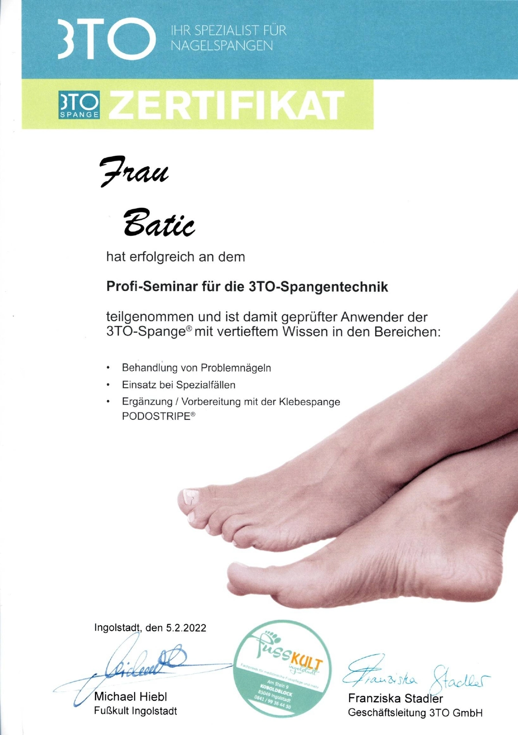 Podologische Praxis Batic - Zertifikat
