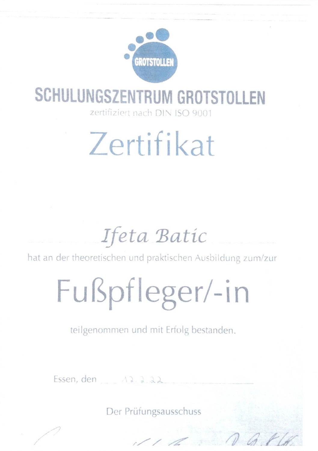 Podologische Praxis Batic - Zertifikat