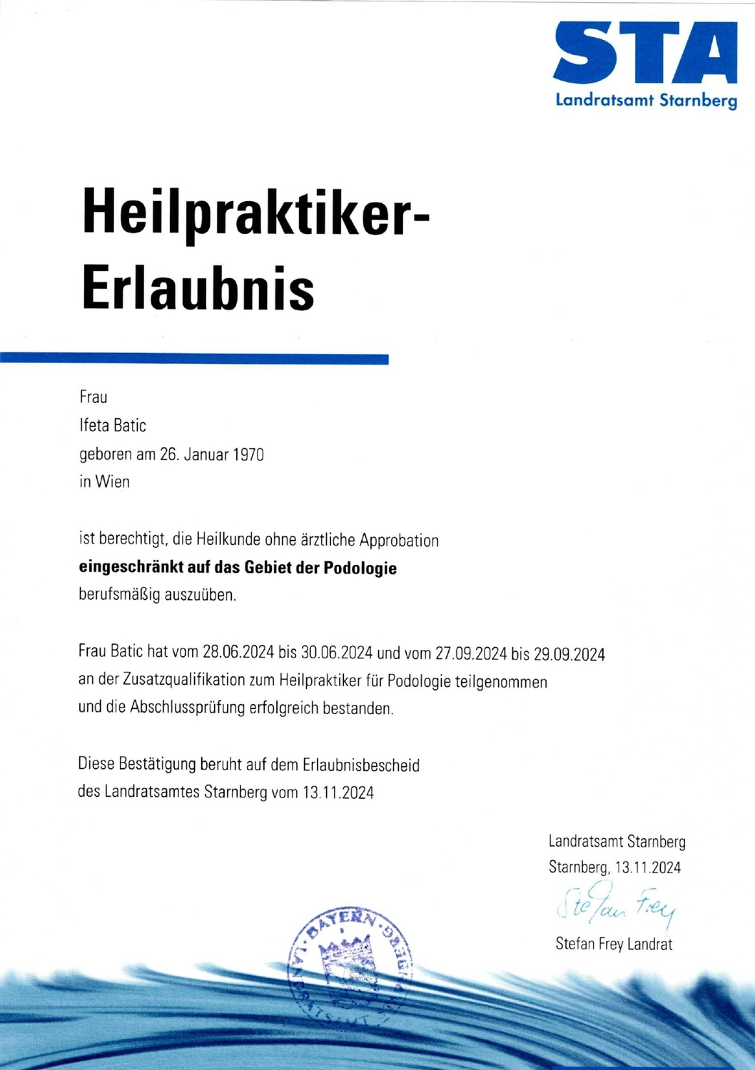 Podologische Praxis Batic - Zertifikat