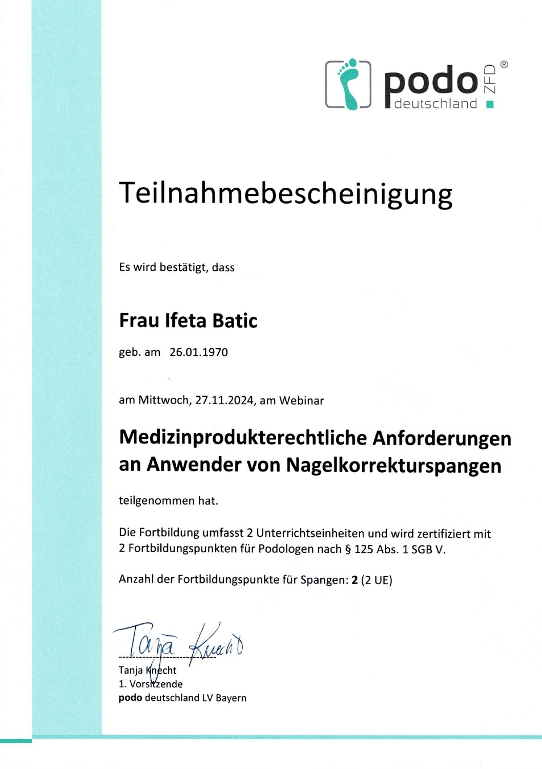 Podologische Praxis Batic - Zertifikat