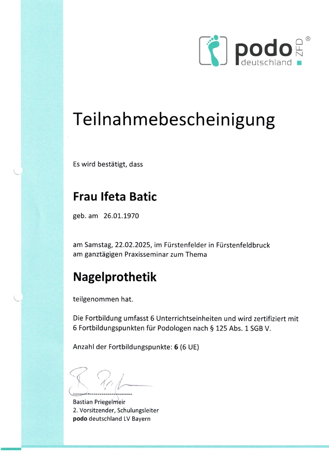 Podologische Praxis Batic - Zertifikat