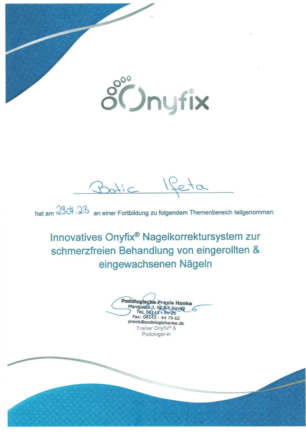Podologische Praxis Batic - Zertifikat