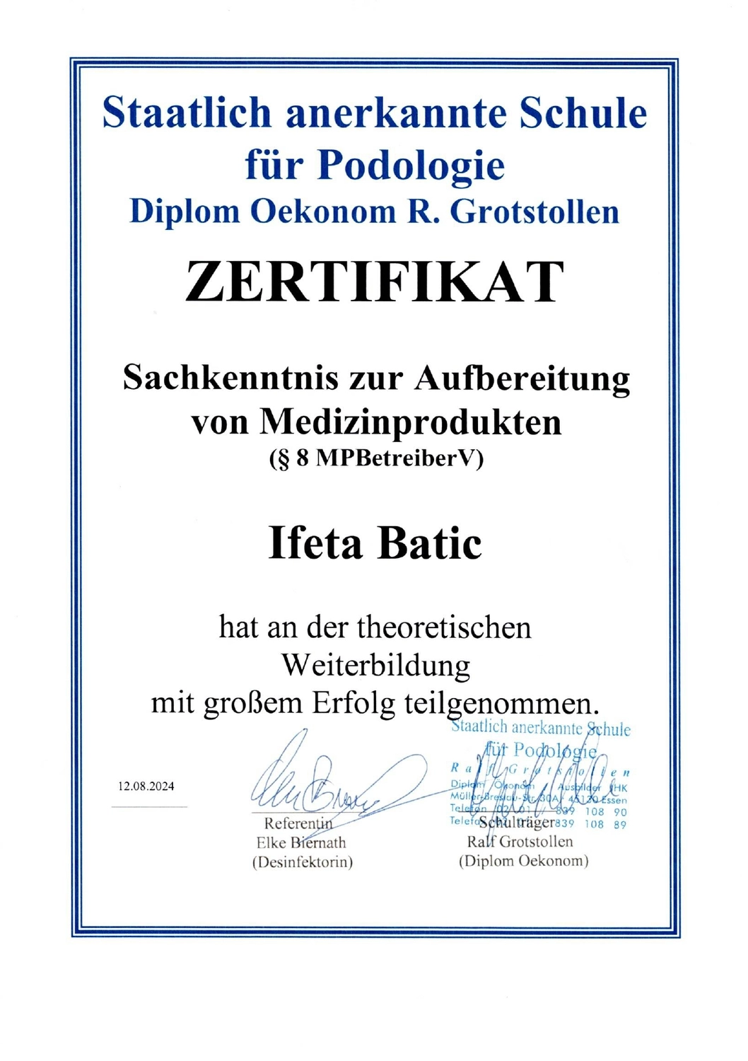 Podologische Praxis Batic - Zertifikat