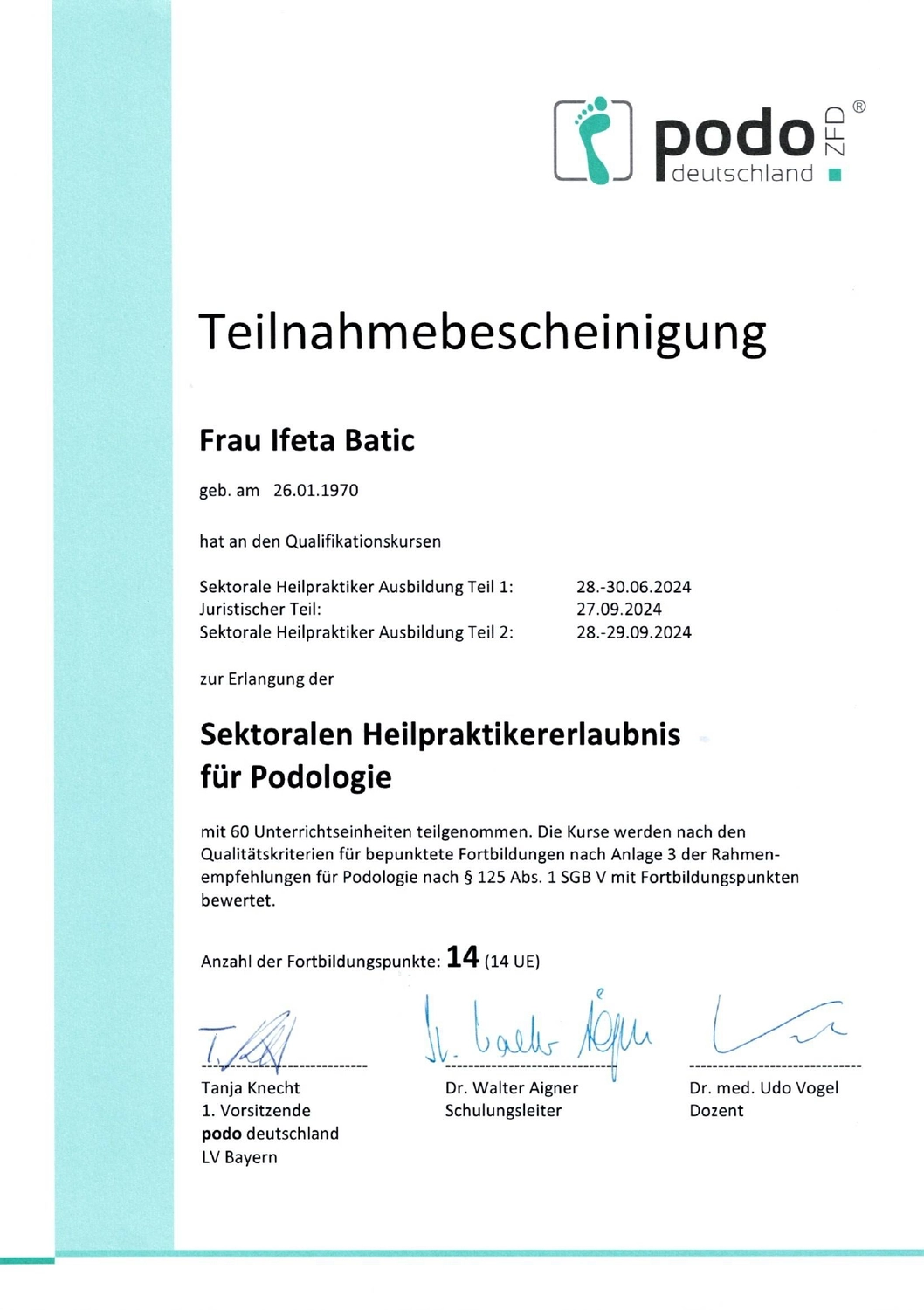 Podologische Praxis Batic - Zertifikat