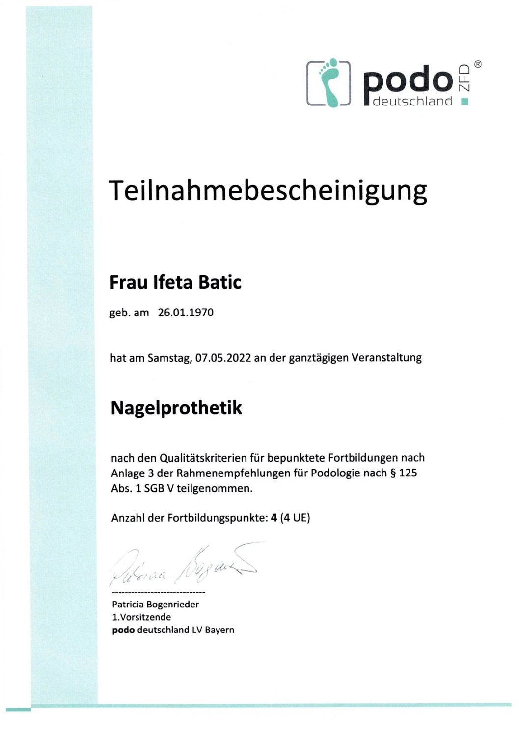 Podologische Praxis Batic - Zertifikat