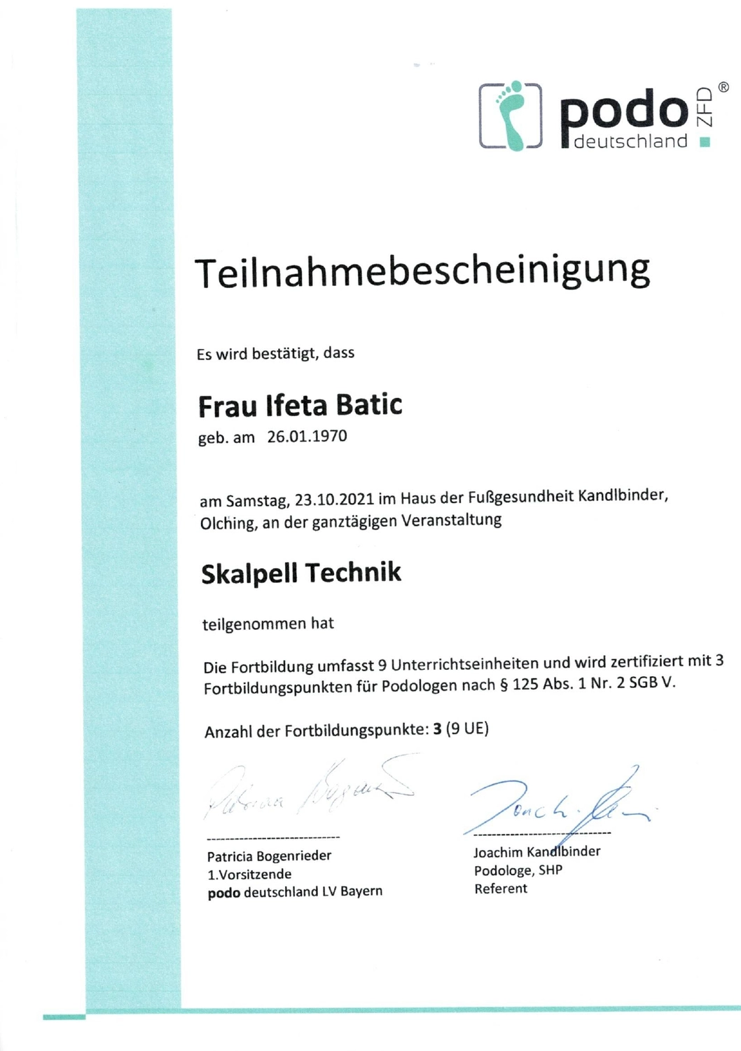 Podologische Praxis Batic - Zertifikat