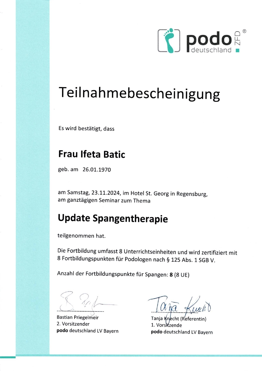 Podologische Praxis Batic - Zertifikat