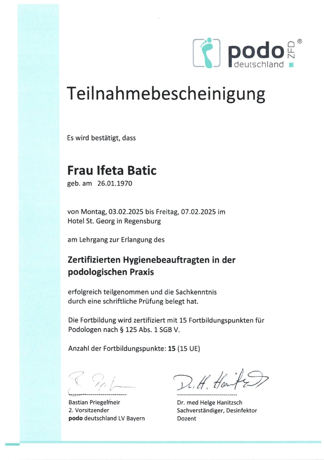 Podologische Praxis Batic - Zertifikat