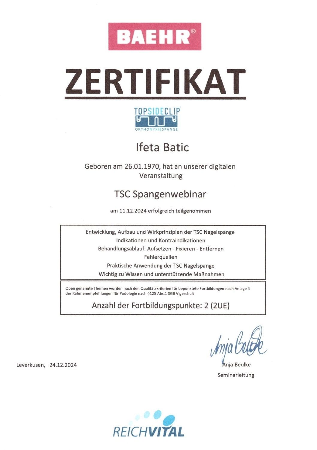 Podologische Praxis Batic - Zertifikat