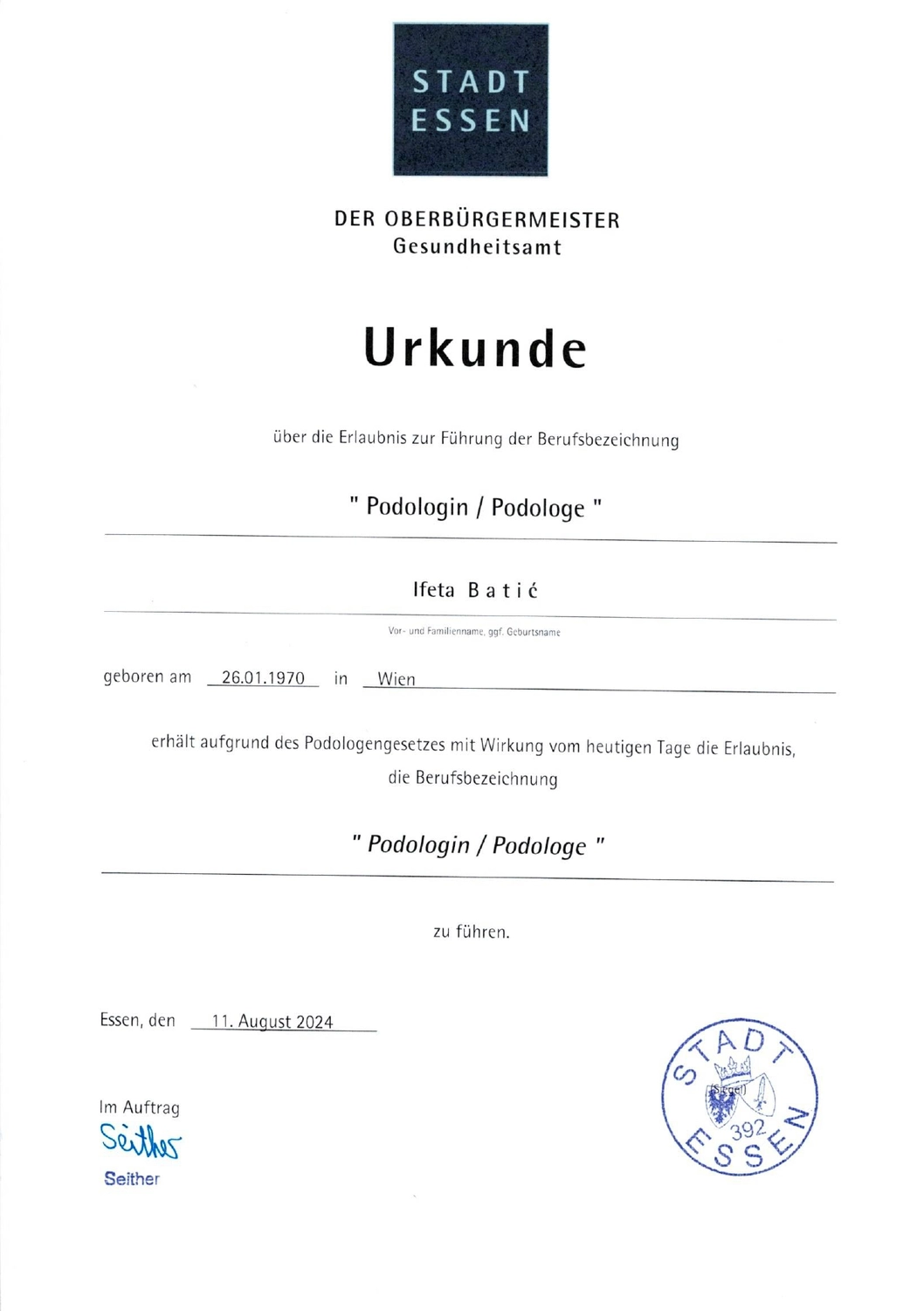 Podologische Praxis Batic - Zertifikat