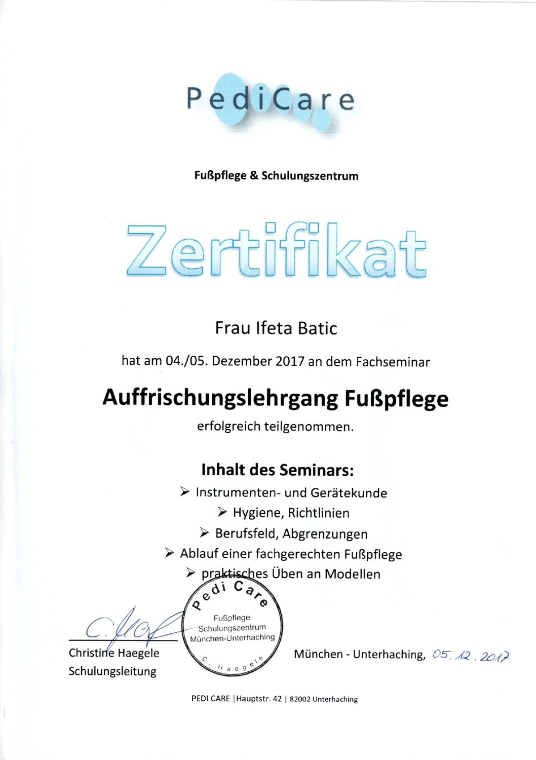 Podologische Praxis Batic - Zertifikat