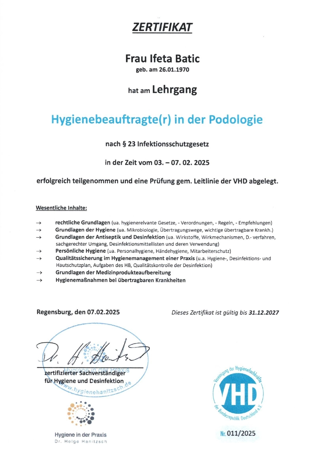 Podologische Praxis Batic - Zertifikat