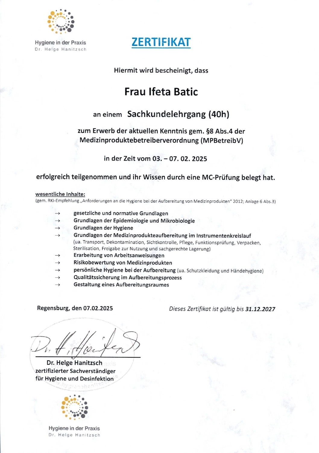 Podologische Praxis Batic - Zertifikat