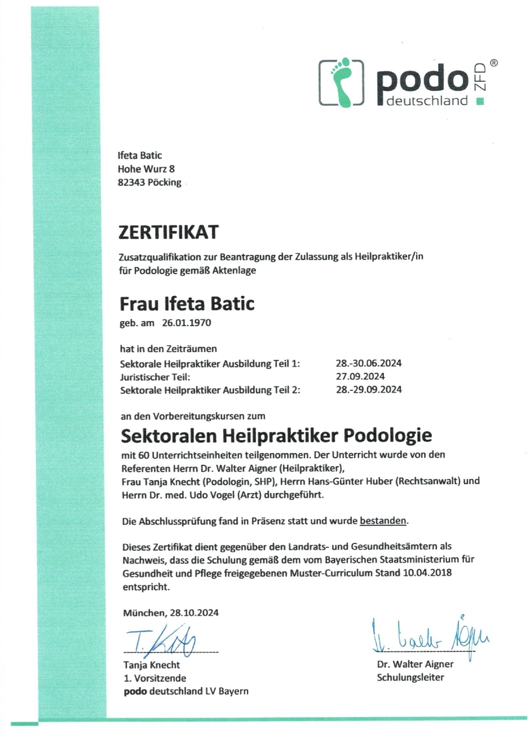 Podologische Praxis Batic - Zertifikat